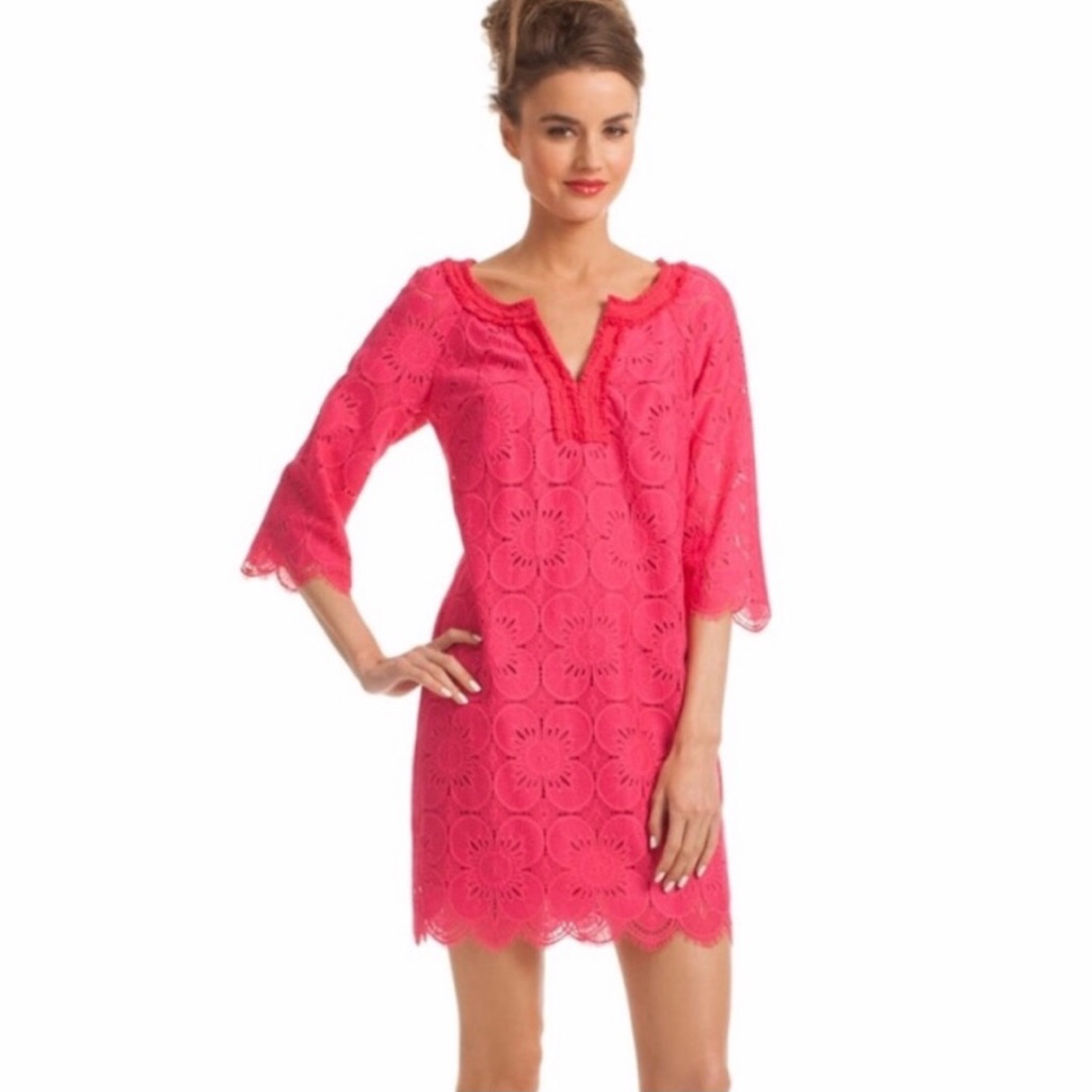 Trina Turk Pink Jubilee Floral Eyelet Lace 3/4 Sleeve Tunic Dress Sz 4 Barbie